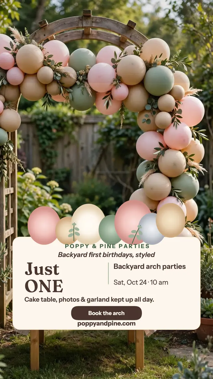 Poppy and Pine first birthday arch story template