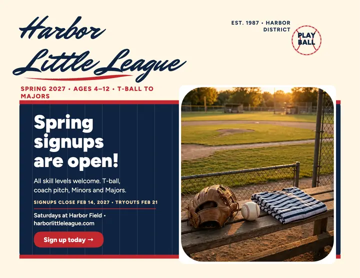 Harbor Little League spring signups flyer template