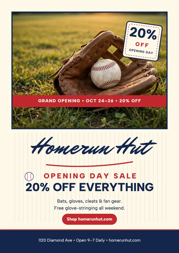 Homerun Hut opening day sale flyer template