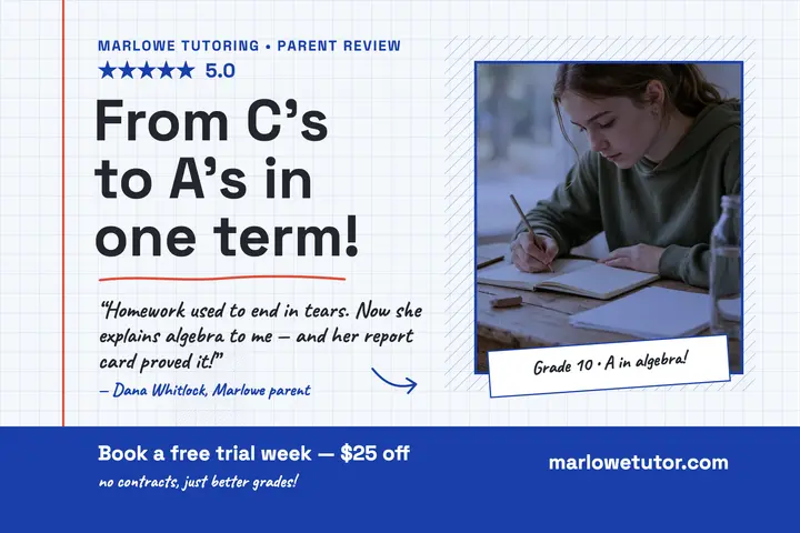 Marlowe Tutoring grades review postcard: tutor testimonial postcard template