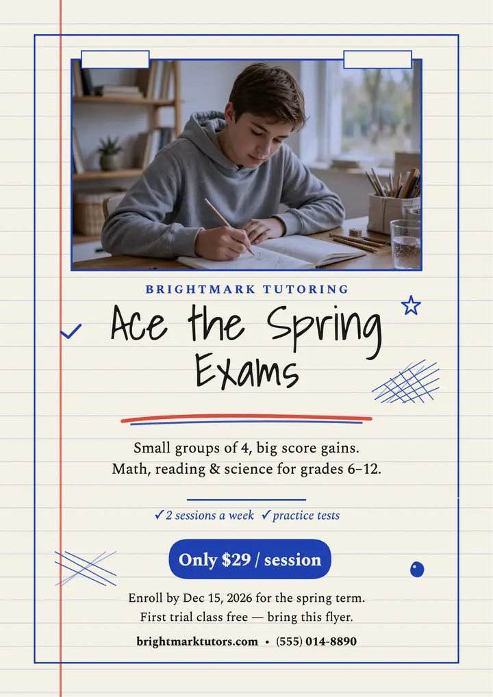 Brightmark spring exam tutoring flyer template