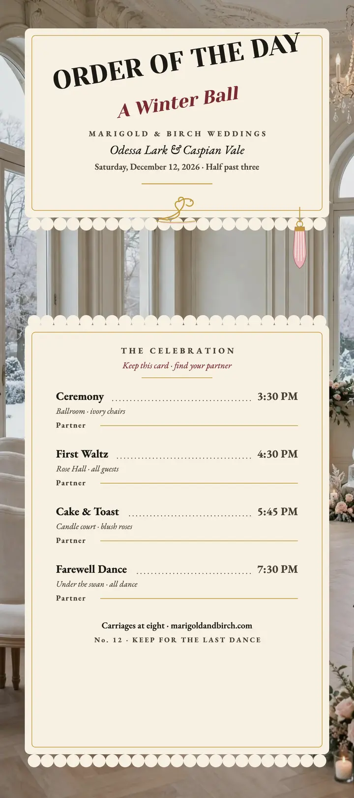 Winter ball order of the day card template