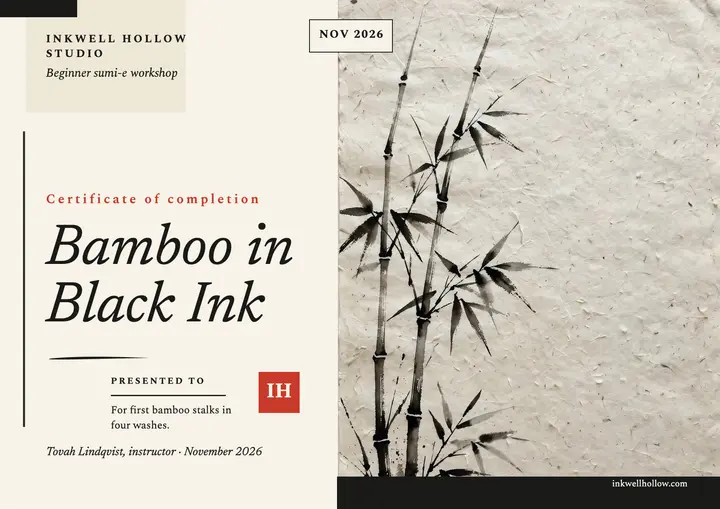 Bamboo ink wash workshop certificate: sumi-e certificate template