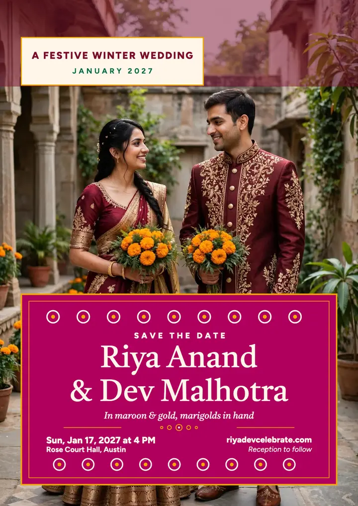 Riya and Dev bandhani winter wedding flyer template