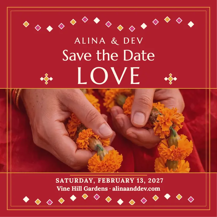 Bandhani love save the date, Vine Hill template