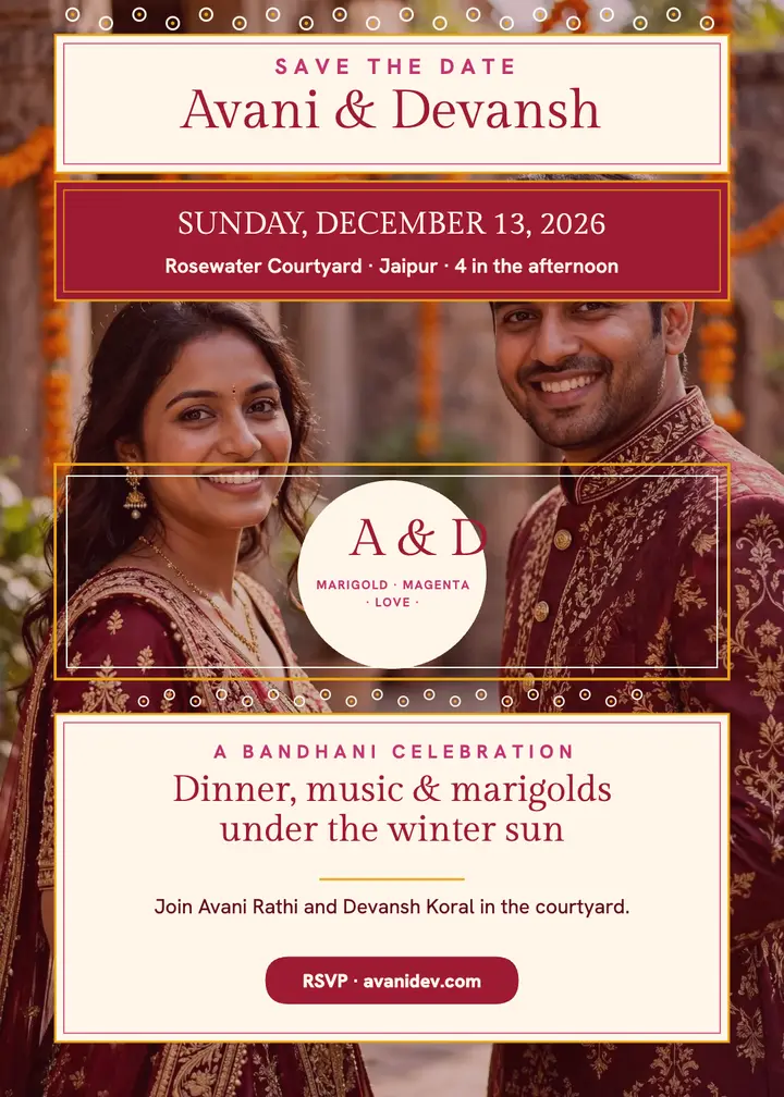 Avani and Devansh Bandhani save the date: save the date invitation template
