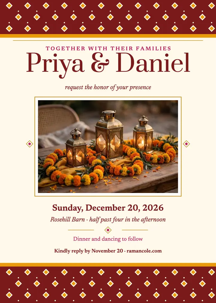 Priya and Daniel marigold wedding invitation template