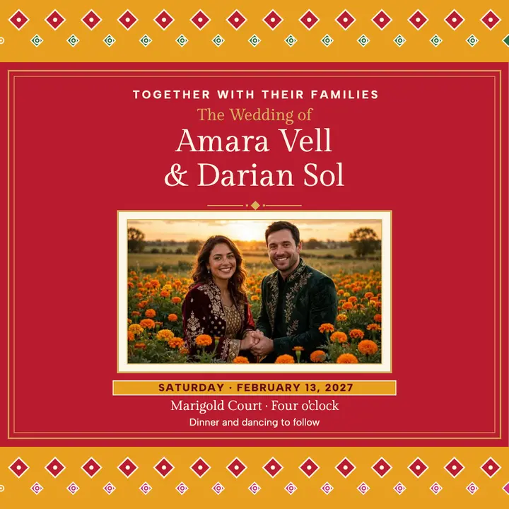 Amara and Darian bandhani wedding invite: wedding invitation post template