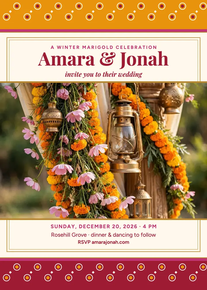 Amara and Jonah marigold wedding invitation: wedding invitation template
