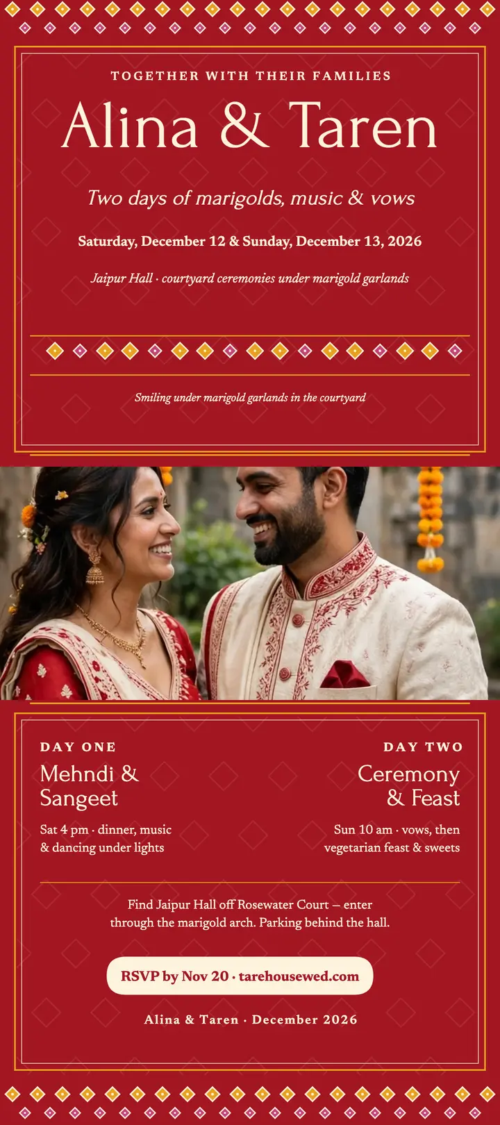 Alina and Taren marigold wedding rack card: indian wedding rack card template