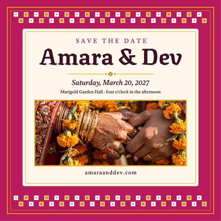 Amara and Dev bandhani save the date: wedding save the date post template