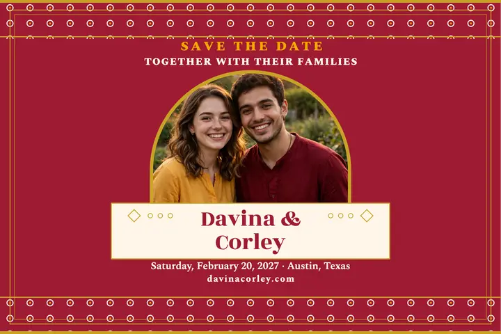 Davina and Corley bandhani save the date: save the date postcard template