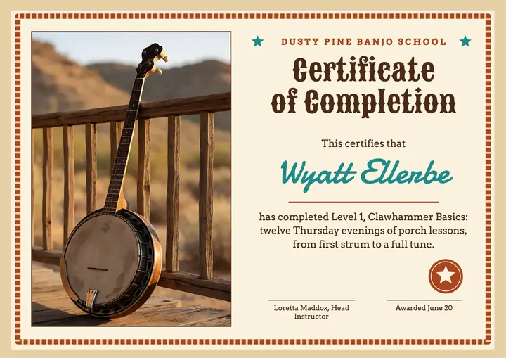 Dusty Pine Banjo School clawhammer level 1 certificate, western rodeo template