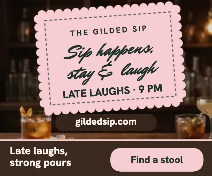 The Gilded Sip late laughs napkin ad: bar late night ad template
