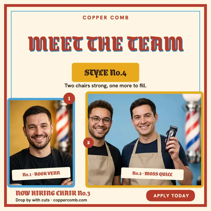 Copper Comb barber team hiring board: barber hiring post template