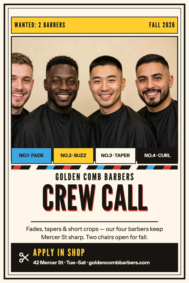 Golden Comb barbershop crew call poster: barbershop hiring poster template