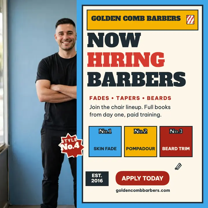 Golden Comb Barbers hiring board: barbershop hiring post template