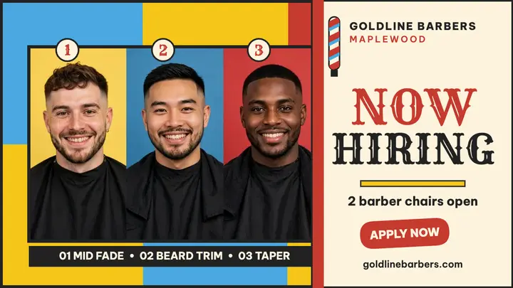 Goldline Barbers hiring board thumbnail template