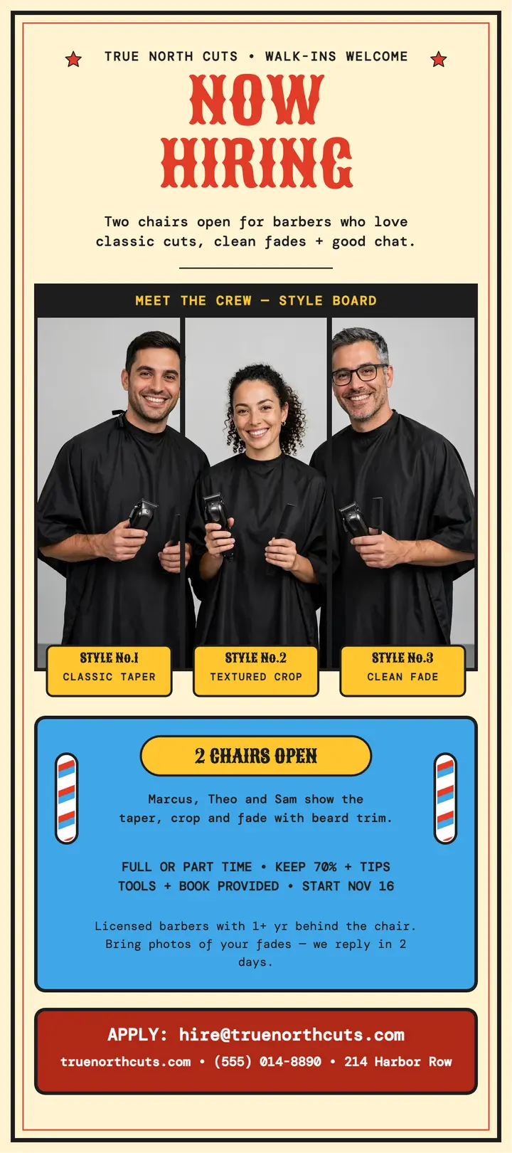 True North Cuts hiring style board card template