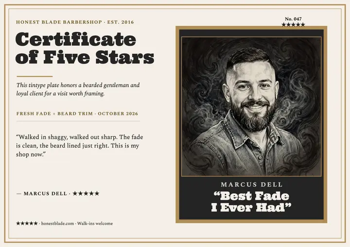 Honest Blade five-star tintype review certificate template