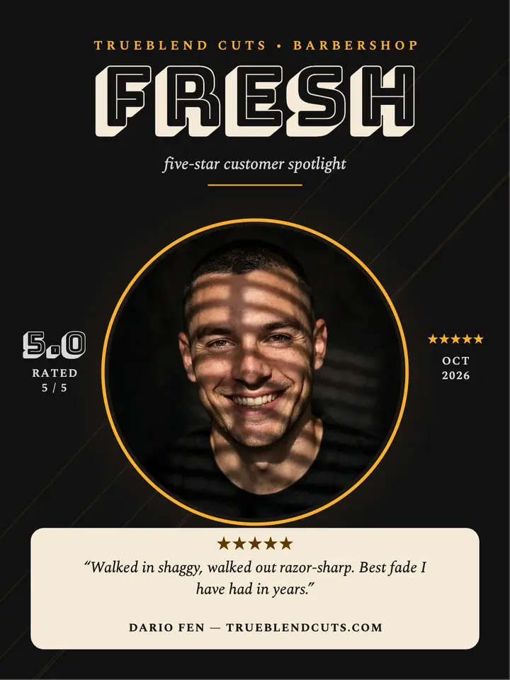 Trueblend Cuts five-star spotlight portrait: barbershop review template