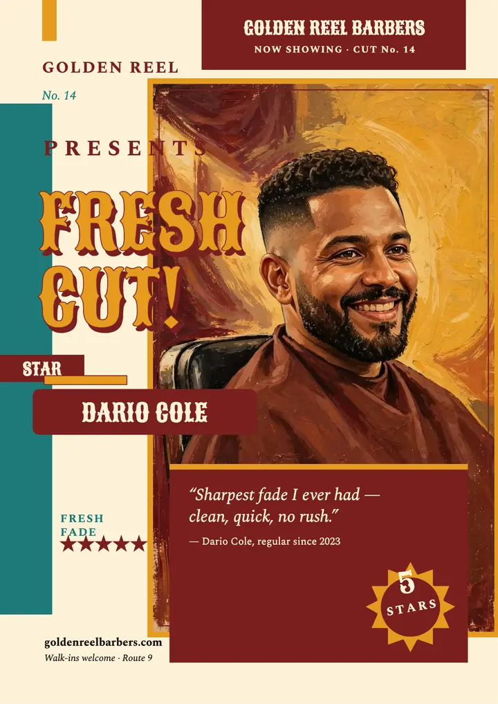 Golden Reel star cut spotlight flyer: barbershop review flyer template
