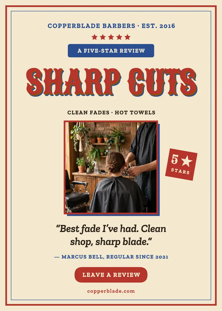 Copperblade star review invite: barbershop review card template