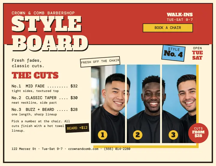 Crown and Comb style board flyer: barbershop flyer template
