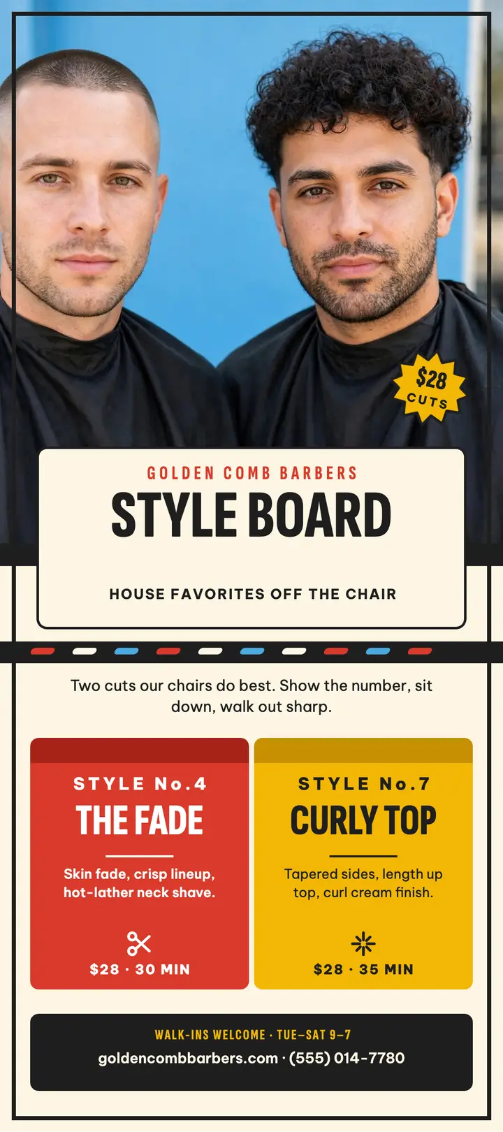 Golden Comb style board rack card: barbershop style board template