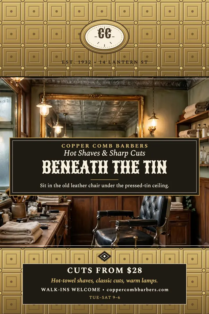 Copper Comb Barbers tin ceiling poster template