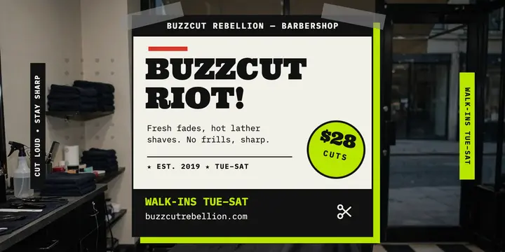 Buzzcut Rebellion barbershop zine promo template