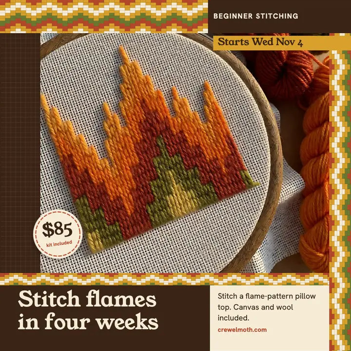 Flame stitch pillow wool workshop promo post template