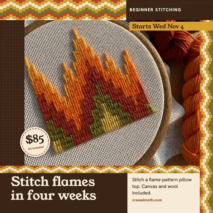 Flame stitch pillow wool workshop promo post template