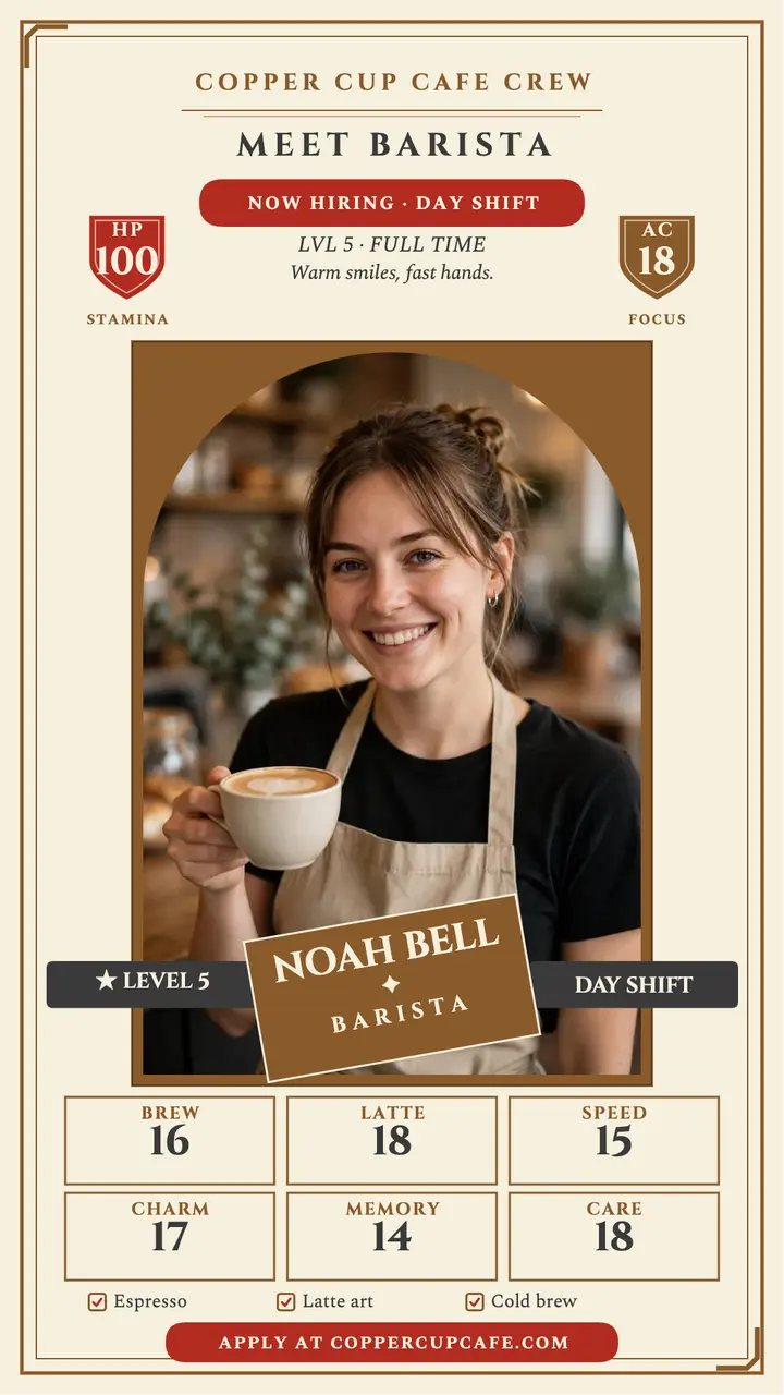 Copper Cup Cafe barista character sheet story template