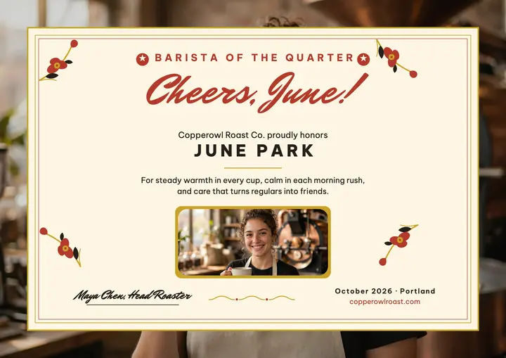 Copperowl barista commendation certificate template