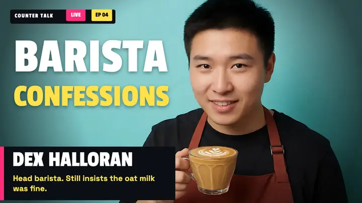 Barista Confessions episode thumbnail, reality-show lower third template