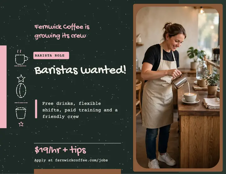 Fernwick Coffee now hiring baristas chalkboard flyer template