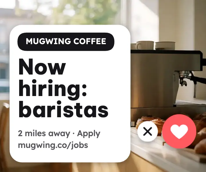 Mugwing Coffee barista hiring dating profile card ad template