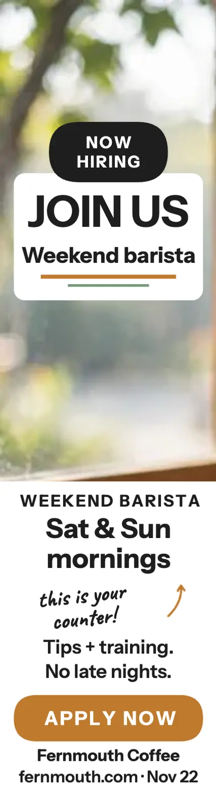 Fernmouth weekend barista skyscraper ad: barista hiring ad template