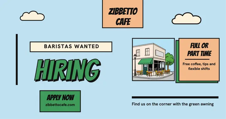 Zibbetto Cafe baristas wanted, clear-line comic template