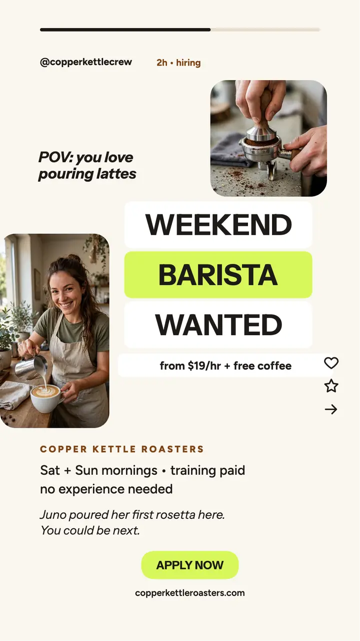 Copper Kettle weekend barista POV story template