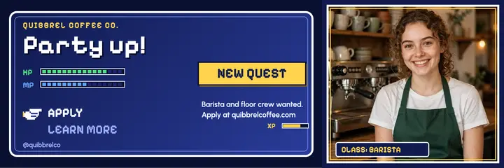 Quibbrel Coffee Co. hiring header, RPG menu box template