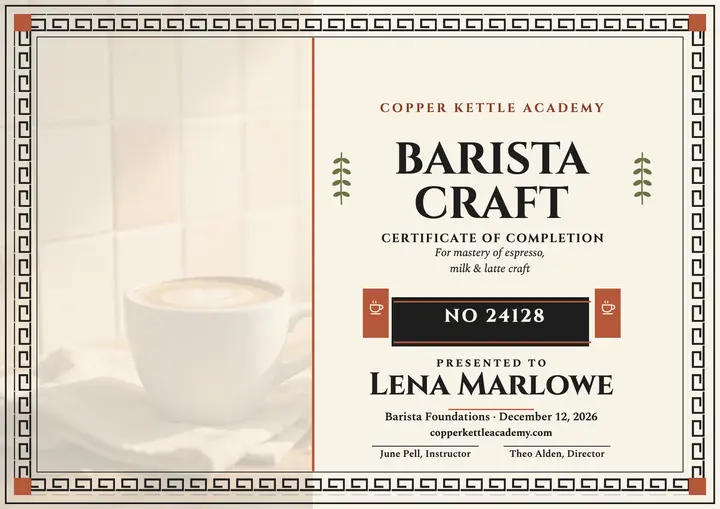 Copper Kettle barista skills certificate template