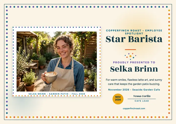 Copperfinch Roast star barista certificate template