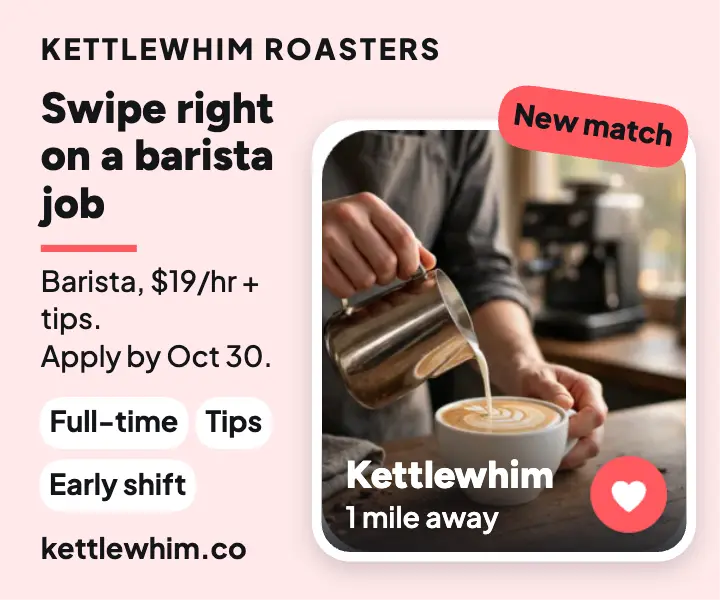 Kettlewhim Roasters barista hiring ad, dating profile card template
