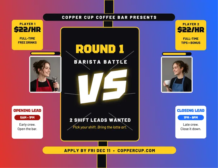 Copper Cup barista battle hiring flyer: barista hiring flyer template