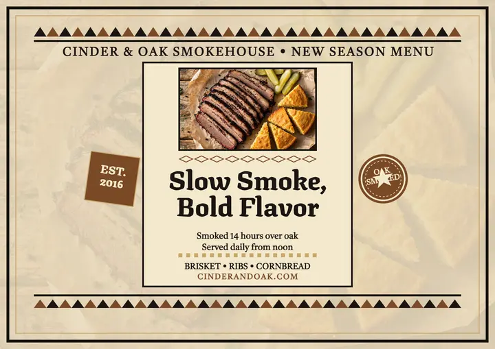 Cinder and Oak smokehouse menu certificate template