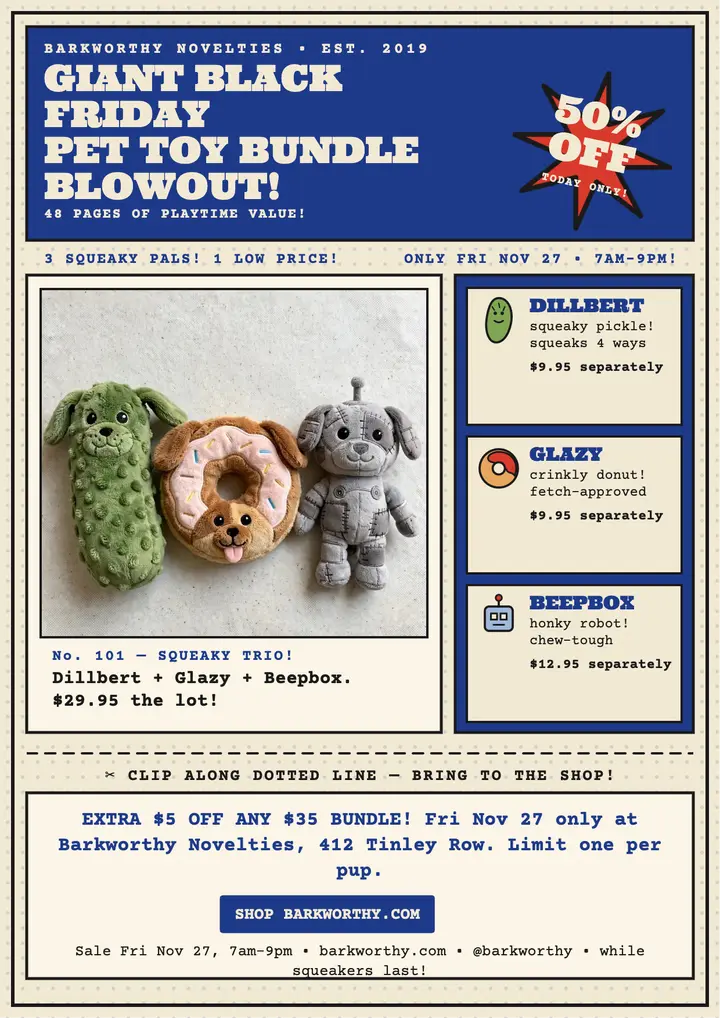 Barkworthy Black Friday toy bundle flyer template