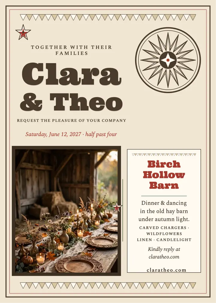 Clara and Theo barn wedding invitation template
