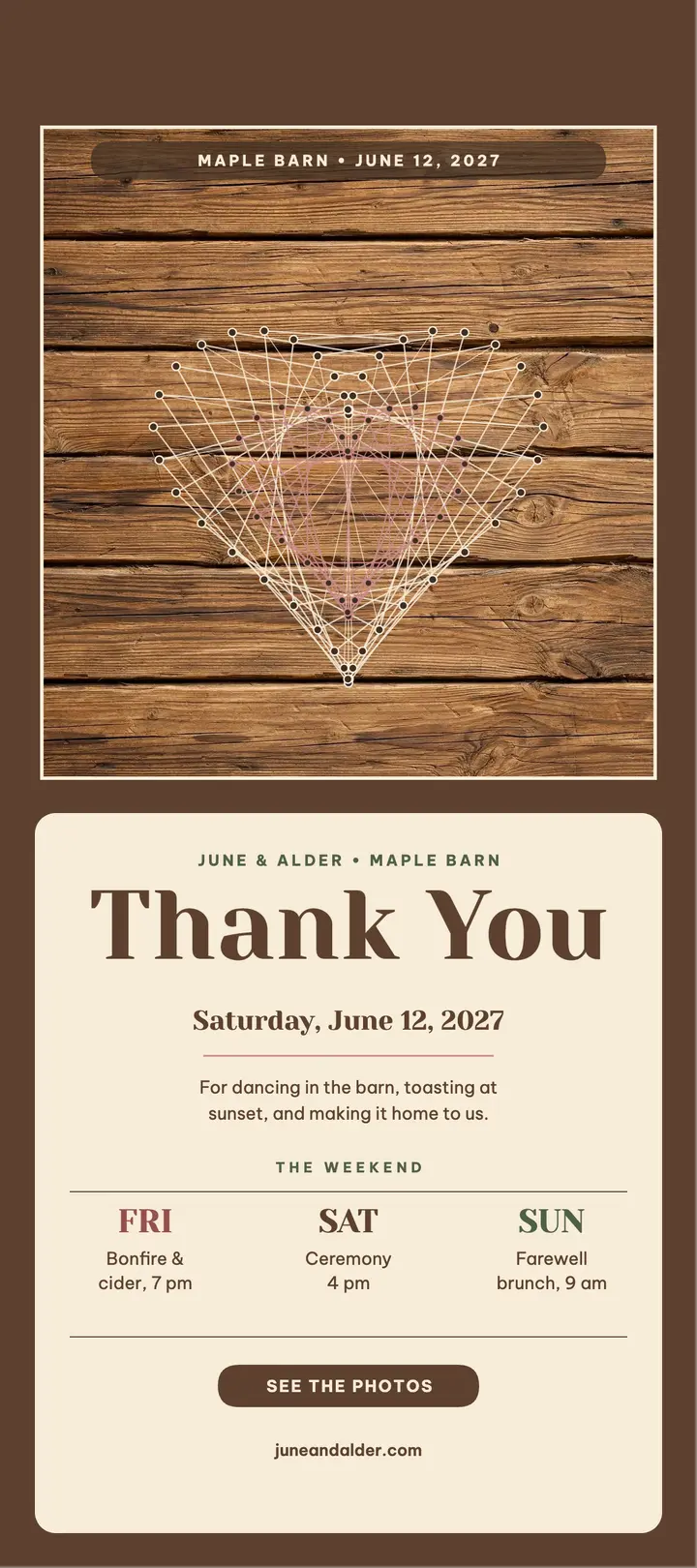 June and Alder barn wedding thank you: barn wedding thank you card template